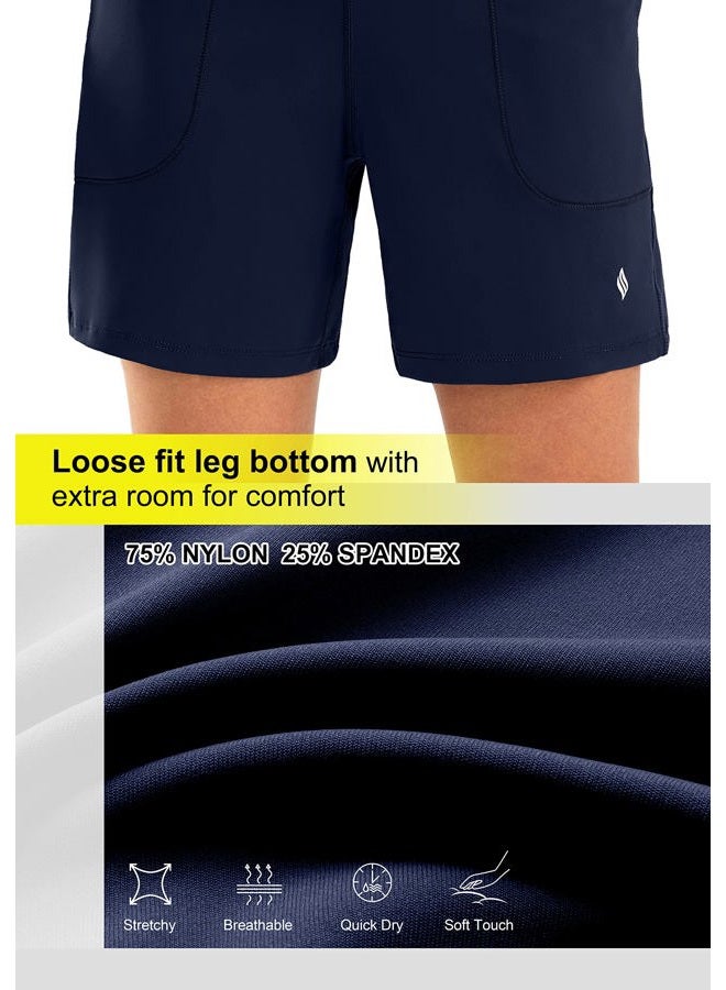SANTINY Women's 6'' Athletic Long Shorts with 4 Pockets High Waisted Bermuda Shorts for Women Walking Running Casual, Navy, M - Image 4