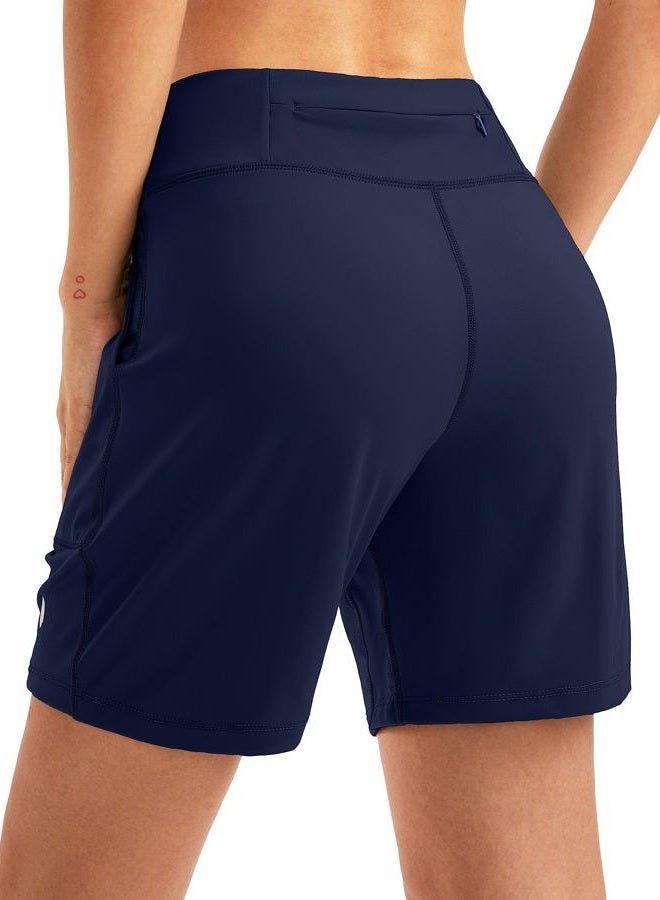 SANTINY Women's 6'' Athletic Long Shorts with 4 Pockets High Waisted Bermuda Shorts for Women Walking Running Casual, Navy, M - Image 2