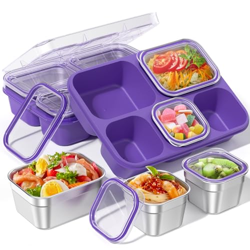 BiuLeon Snackle Box Containers Stainless Steel 5 Compartments Divided Serving Tray with Lid Removable LeakProof Portable Bento Box for Fruit Candy Nuts Food School Picnic and TravelPurple - Image 1
