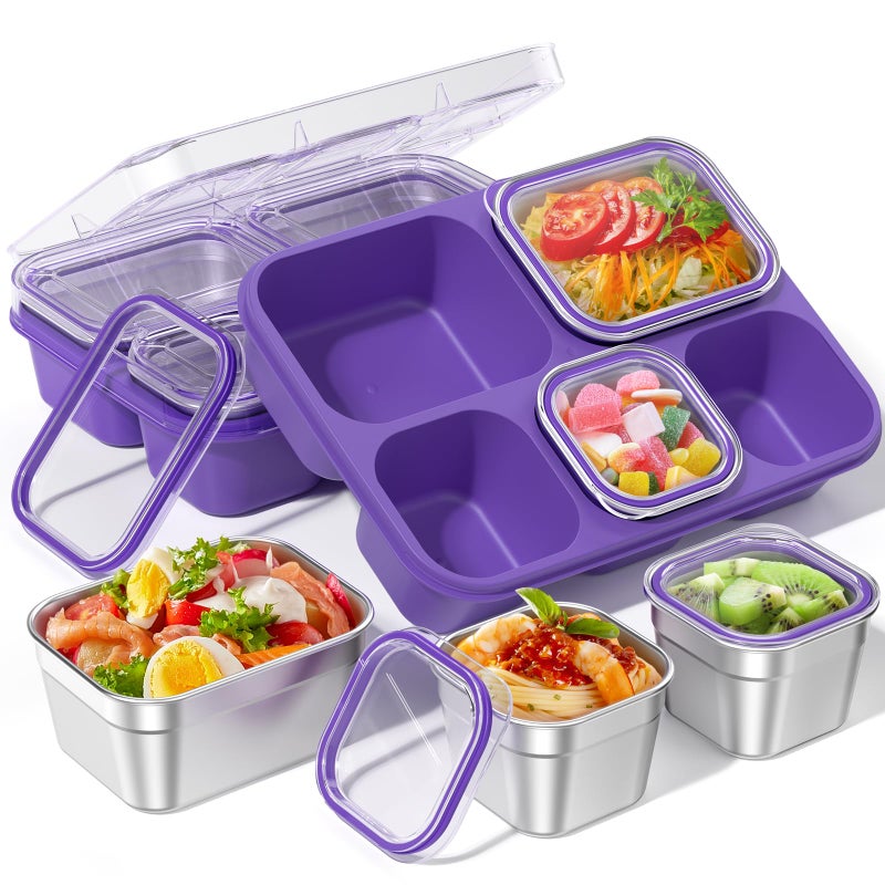BiuLeon Snackle Box Containers Stainless Steel 5 Compartments Divided Serving Tray with Lid Removable LeakProof Portable Bento Box for Fruit Candy Nuts Food School Picnic and TravelPurple - Image 2