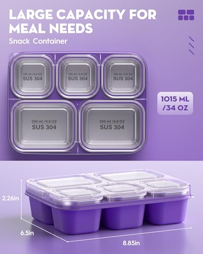 BiuLeon Snackle Box Containers Stainless Steel 5 Compartments Divided Serving Tray with Lid Removable LeakProof Portable Bento Box for Fruit Candy Nuts Food School Picnic and TravelPurple - Image 3