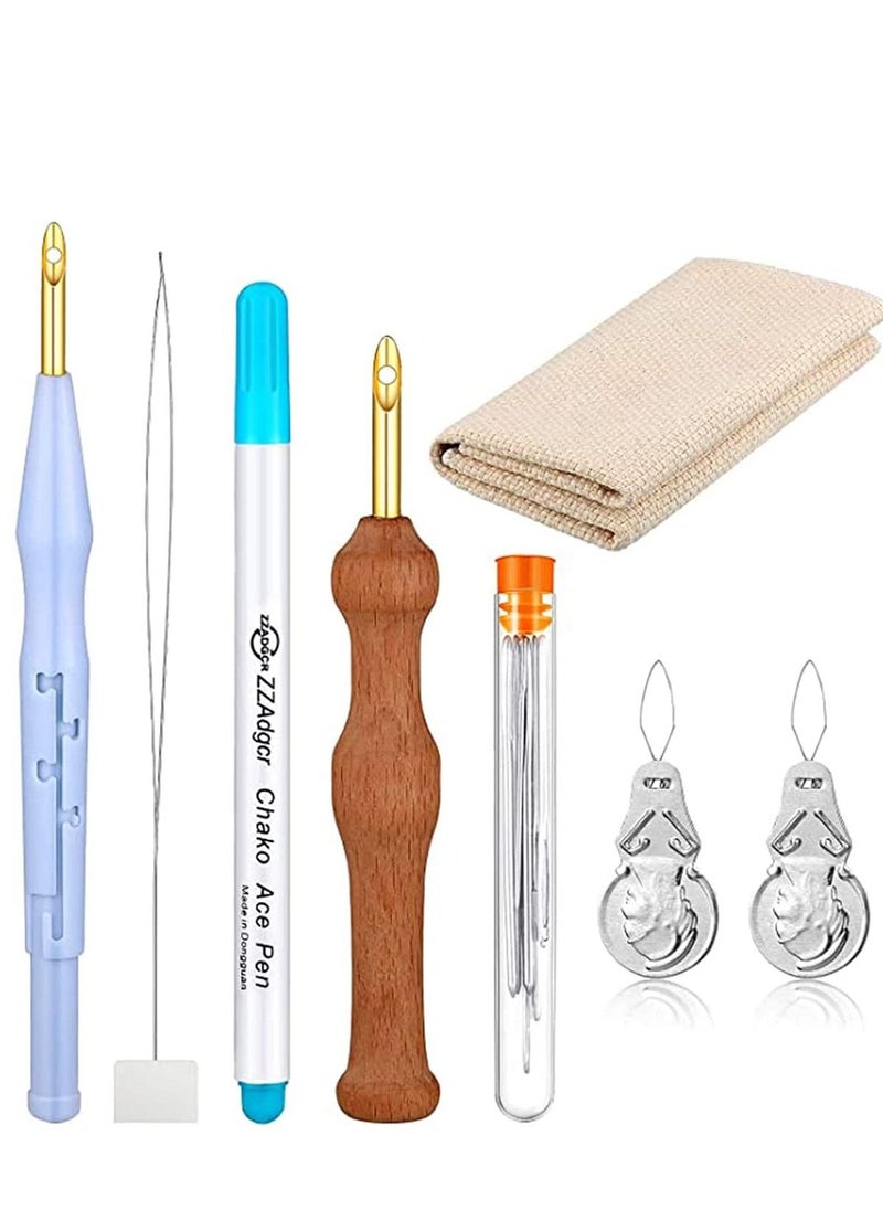 Y&D 8 Pieces Punch Needle Embroidery Kits Adjustable Rug Yarn Needle, Wooden Handle Pen Threader Cloth for Floss Cross Stitching Beginners  - Image 1
