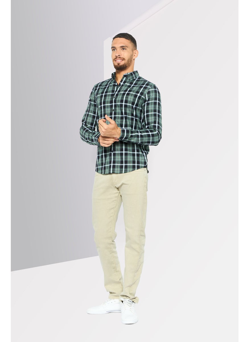 Michael Kors - Men Regular Fit Long Sleeve Checkered Casual Shirt, Green - Image 1