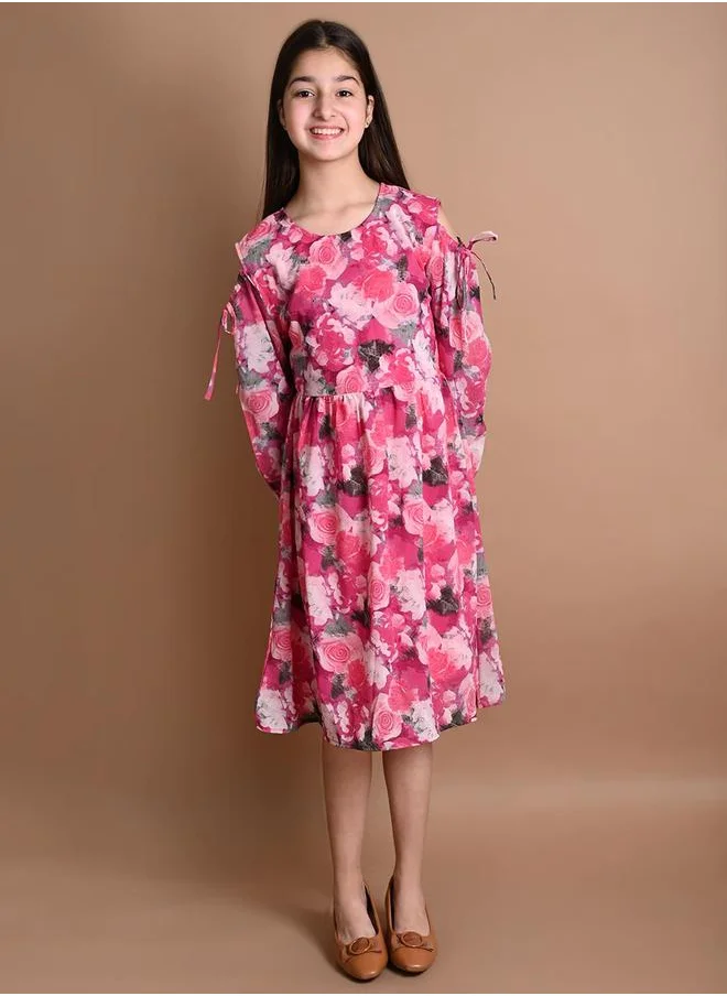 ليلك Floral Print Round Neck Balloon Sleeve Dress