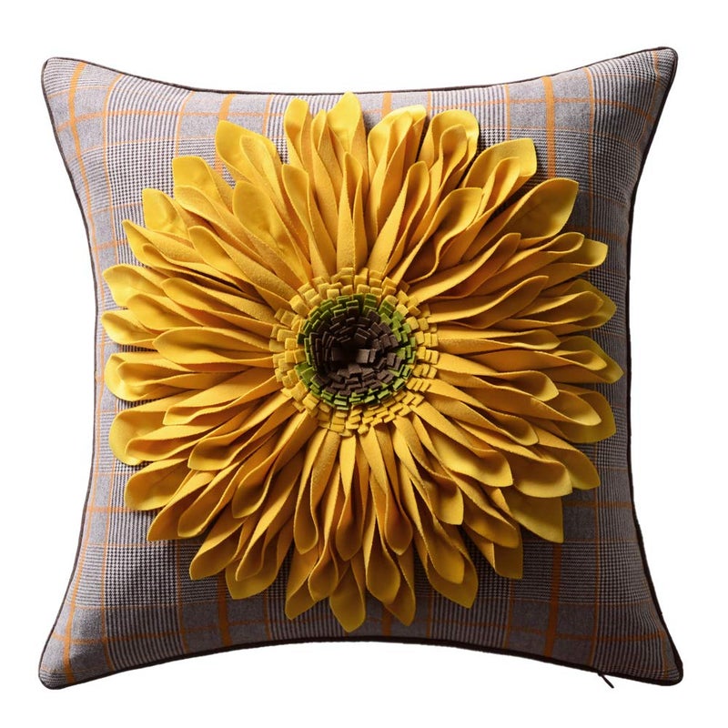OiseauVoler 3D Sunflower Handmade Throw Pillow Cover Decorative Pillowcase Yellow Plaid for Home Bed Living Room Decor 18 x 18 Inch - Image 2
