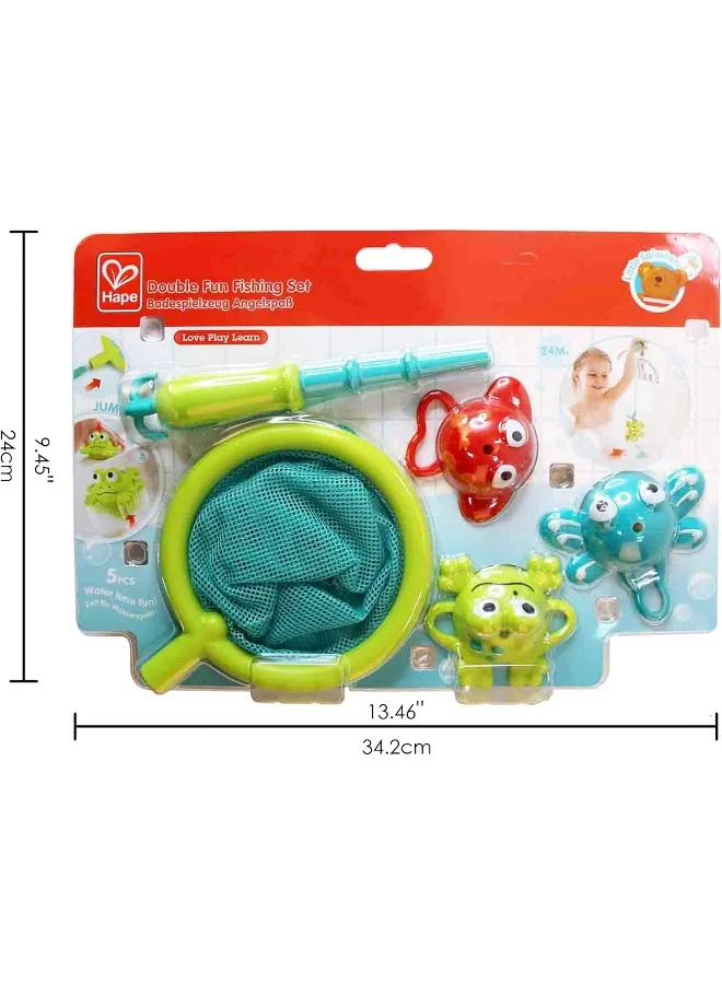 Hape Double Fun Fishing Set, Jumping Sea Creatures With Net & Detachable Fishing Pole Handle, Bathtub Toys For Toddlers, 5 Pieces Multicolor Bathtub Toys, Ages 2 Years+