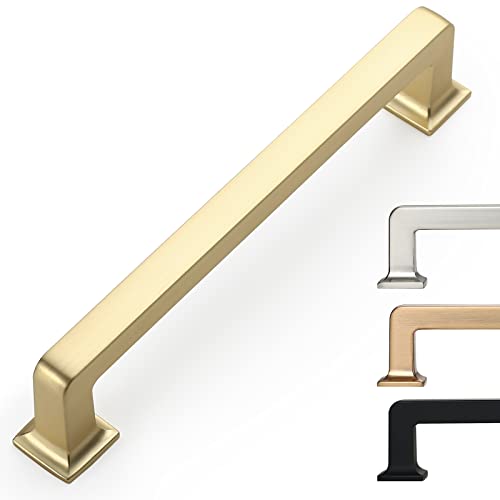 9BUILD 6 Pack 5 Inch Brushed Brass Cabinet Handles - Gold Kitchen Hardware Pulls for Cabinets and Cupboards - Image 1
