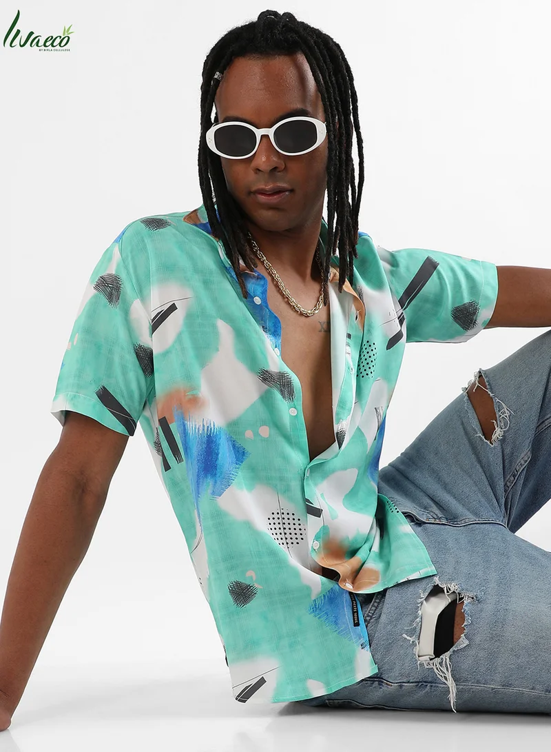 Campus Sutra Campus Sutra Men's Mint Green Abstract Strokes Shirt For Casual Wear | Made With Eco-Liva Fabric | Spread Collar | Short Sleeve | Button Closure | Shirt Crafted With Comfort Fit For Everyday Wear