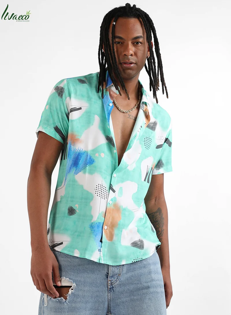 Campus Sutra Campus Sutra Men's Mint Green Abstract Strokes Shirt For Casual Wear | Made With Eco-Liva Fabric | Spread Collar | Short Sleeve | Button Closure | Shirt Crafted With Comfort Fit For Everyday Wear