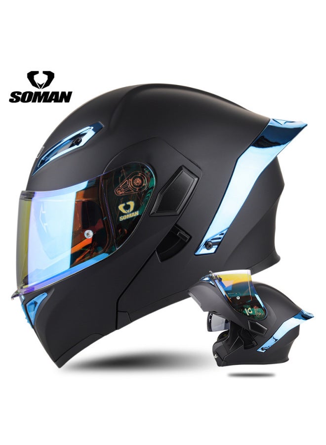 Soman Adult Open-Face Helmet for Cycling Sports – Unisex, Electroplated Blue with Revo Blue Visor