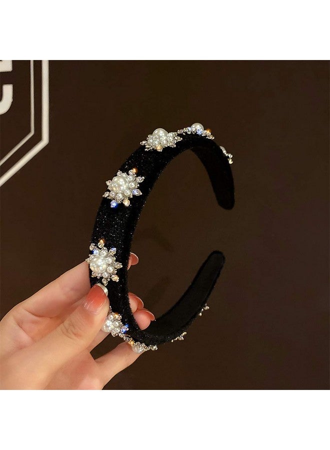 Aimimier Baroque Bridal Crystal Headband Vintage Pearl Rhinestone Crown Luxury Wide Hair Hoop For Women And Girls Black - Image 1