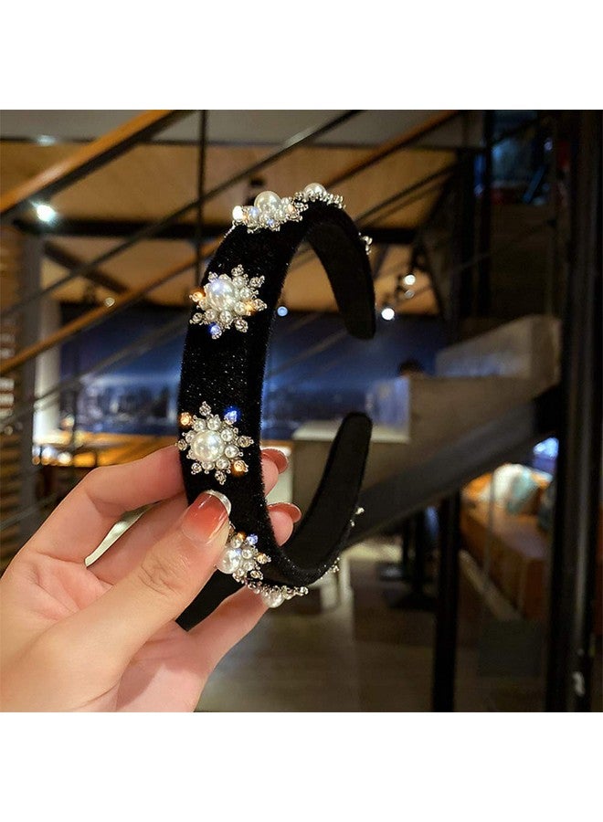 Aimimier Baroque Bridal Crystal Headband Vintage Pearl Rhinestone Crown Luxury Wide Hair Hoop For Women And Girls Black - Image 3