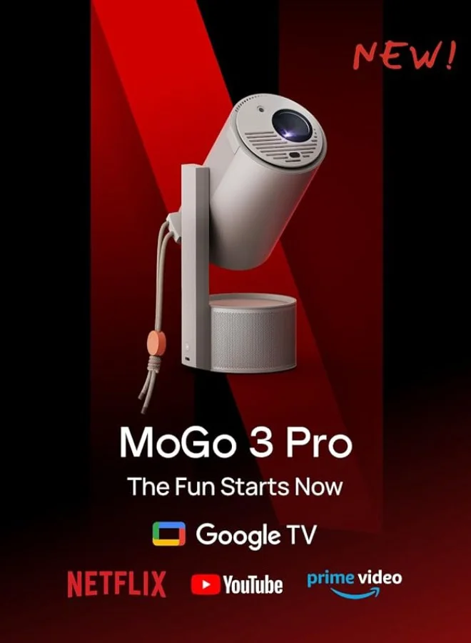 XGIMI MoGo 3 Pro Outdoor Projector with PowerBase Stand, 2.5hrs Battery, Google TV with Licensed Netflix, Build-in Adjustable Stand, 450 ISO Lumens, ISA 2.0, 2 x 5W Harman Kardon