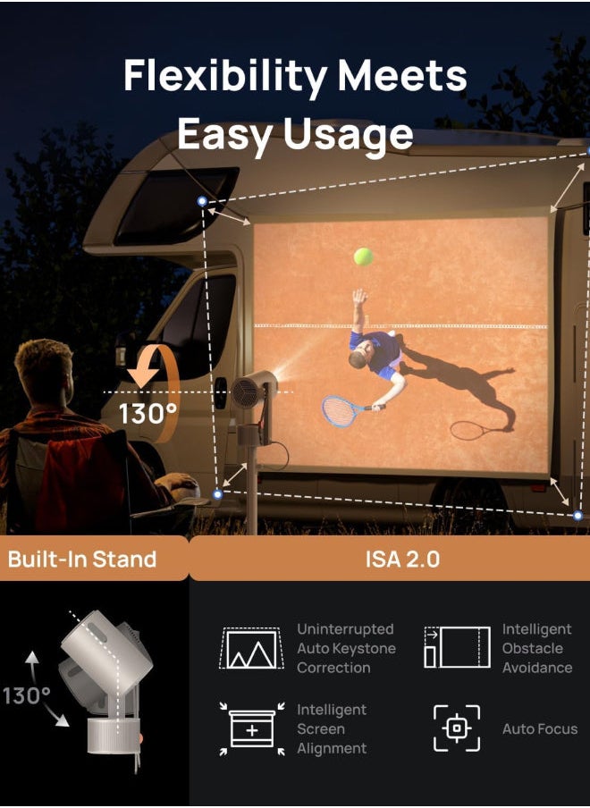 MoGo 3 Pro Outdoor Projector with PowerBase Stand, 2.5hrs Battery, Google TV with Licensed Netflix, Build-in Adjustable Stand, 450 ISO Lumens, ISA 2.0, 2 x 5W Harman Kardon