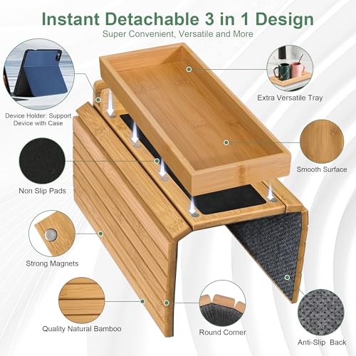 Joy&Grace Couch Arm Tray, 3-in-1 Magnetic Detachable Sofa Arm Table with Phone and Tablet Holder Bamboo Couch Cup Holder, Foldable Sofa Armrest Tray for Eating, Drinks, Phones (Natural) - Image 3