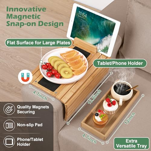 Joy&Grace Couch Arm Tray, 3-in-1 Magnetic Detachable Sofa Arm Table with Phone and Tablet Holder Bamboo Couch Cup Holder, Foldable Sofa Armrest Tray for Eating, Drinks, Phones (Natural) - Image 2