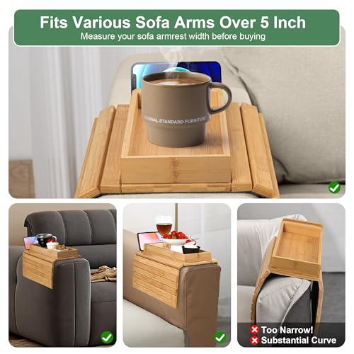 Joy&Grace Couch Arm Tray, 3-in-1 Magnetic Detachable Sofa Arm Table with Phone and Tablet Holder Bamboo Couch Cup Holder, Foldable Sofa Armrest Tray for Eating, Drinks, Phones (Natural) - Image 5