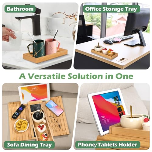 Joy&Grace Couch Arm Tray, 3-in-1 Magnetic Detachable Sofa Arm Table with Phone and Tablet Holder Bamboo Couch Cup Holder, Foldable Sofa Armrest Tray for Eating, Drinks, Phones (Natural) - Image 4