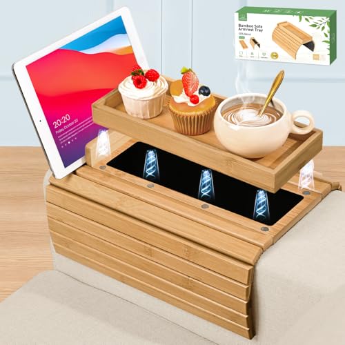 Joy&Grace Couch Arm Tray, 3-in-1 Magnetic Detachable Sofa Arm Table with Phone and Tablet Holder Bamboo Couch Cup Holder, Foldable Sofa Armrest Tray for Eating, Drinks, Phones (Natural) - Image 1