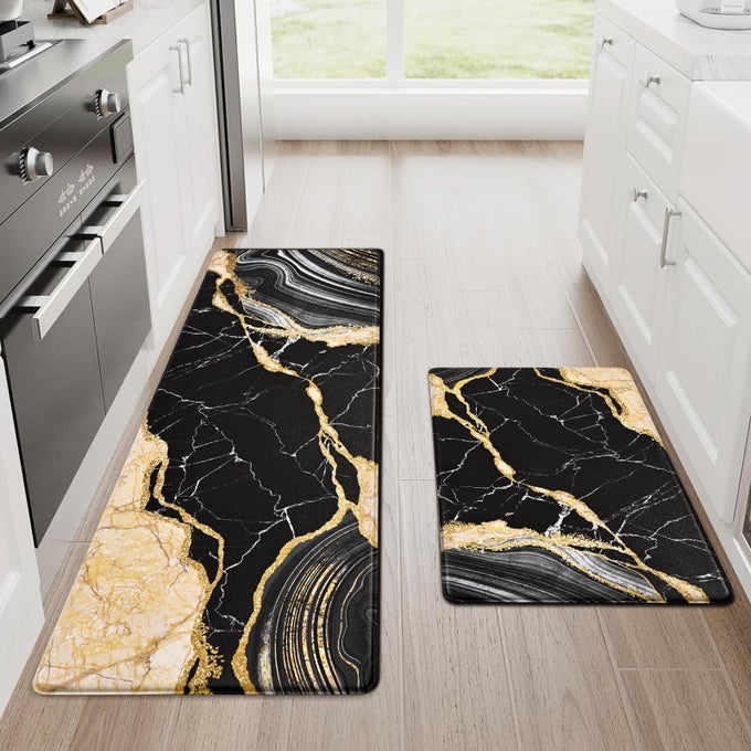 MARBLE KITCHEN MATS FOR FLOOR 2 PIECE SET ANTI FATIGUE CUSHIONED KITCHEN FLOOR MATS BLACK GOLD MARBLE KITCHEN RUGS NON SLIP PVC WATERPROOF FLOOR MAT FOR KITCHEN 18 X 30 18 X 48