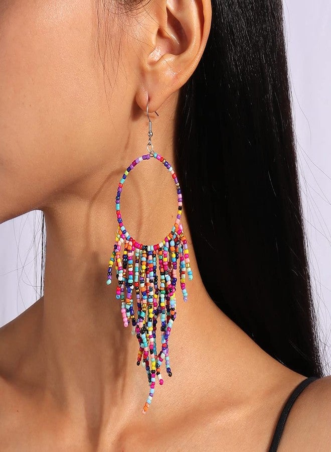 BOGZON Tribal Dangle Fringe Tassel Bead & Hoop Earrings Native American Style by BOGZON (Multi Color) - Image 2