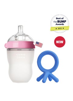 comotomo Natural Feel Baby Bottle 250 ML With Silicone Baby Teether, 3 Months +  - Image 1