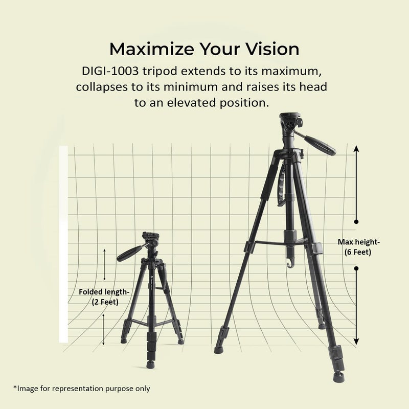 Fotopro DIGI-1003 حامل ثلاثي احترافي من الألمنيوم 6 أقدام 2 في 1 مع ذراع أفقي | حامل أحادي مع رأس متعدد الاستخدامات للتصوير على مستوى منخفض والتصوير البانورامي | سعة تحميل 4 كجم - Image 3