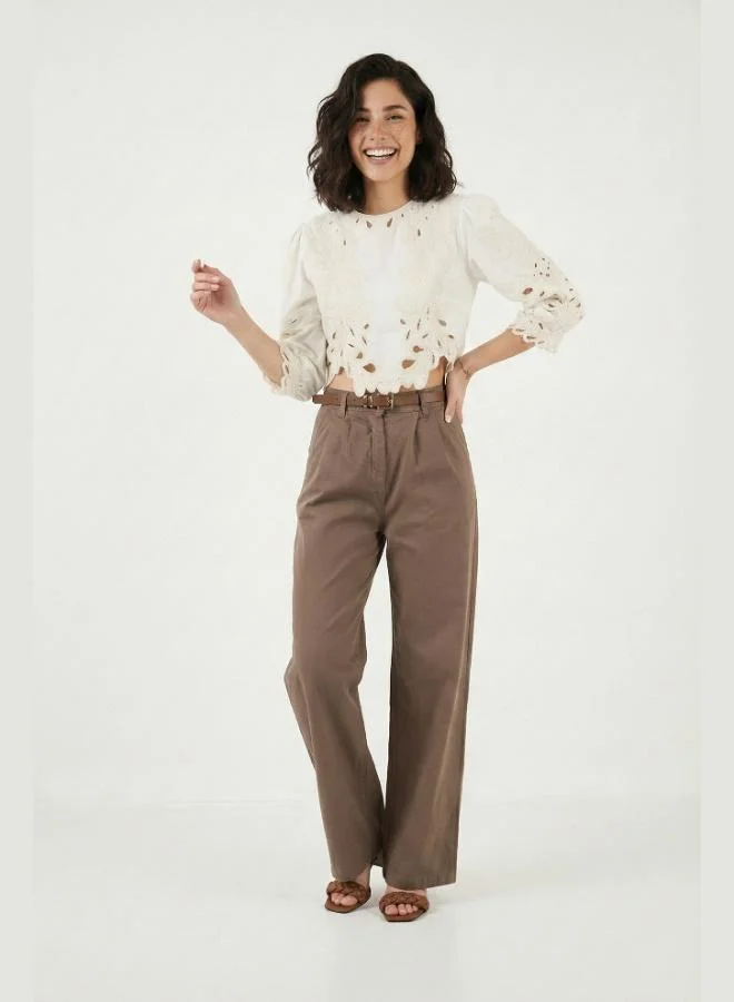 Lela  Lela Cotton Wide Leg High Waist Wide Leg Belted Trousers Women's Pants 668YP5429 for Women | Best Price UAE