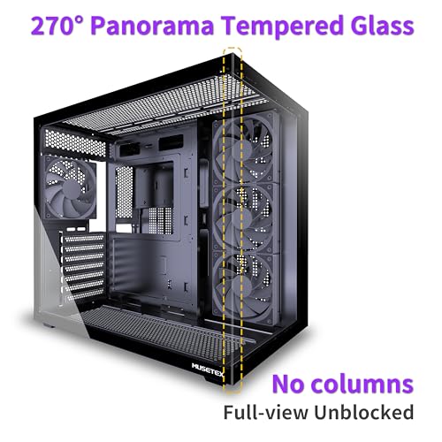 MUSETEX Y6 PC Case, Pre-Installed 4 Non-LED Fans, ATX Mid Tower Case, Computer Case with Type-C, 270° Full View Tempered Glass, Black - Image 2