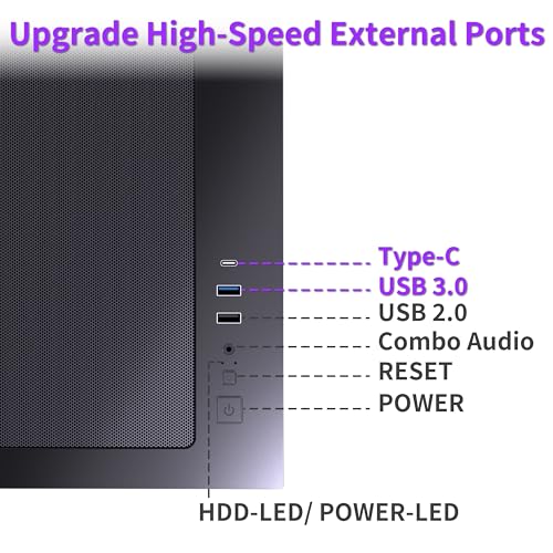MUSETEX Y6 PC Case, Pre-Installed 4 Non-LED Fans, ATX Mid Tower Case, Computer Case with Type-C, 270° Full View Tempered Glass, Black - Image 4