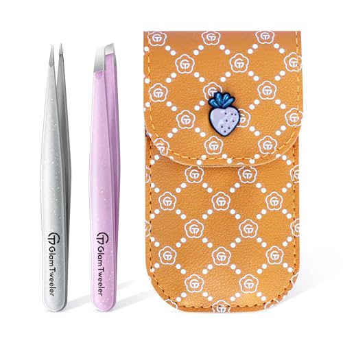 GlamTweeler Expert Slant and Point Tip Tweezer Set with Exclusive Storage Carrying Case GlamTweeler Sharp Precision Tweezer Set for Eyebrows Facial Hairs Fine Hairs Removal Sparkle Baby Pink Silver - Image 1