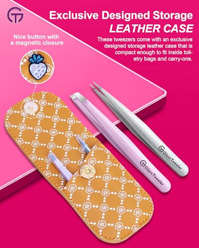 GlamTweeler Expert Slant and Point Tip Tweezer Set with Exclusive Storage Carrying Case GlamTweeler Sharp Precision Tweezer Set for Eyebrows Facial Hairs Fine Hairs Removal Sparkle Baby Pink Silver - Image 3