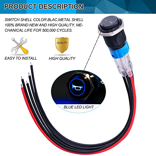 Twidec/16MM Raised Speaker Horn Momentary Push Button Switch 5/8" Mounting Hole 12V Blue Led Light Black Stainless Steel Shell 1NO 1NC SPDT with Pre-wiring Wires Switch For Car Modification BKG16LB-BU - Image 5