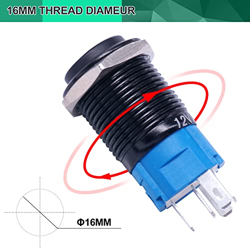 Twidec/16MM Raised Speaker Horn Momentary Push Button Switch 5/8" Mounting Hole 12V Blue Led Light Black Stainless Steel Shell 1NO 1NC SPDT with Pre-wiring Wires Switch For Car Modification BKG16LB-BU - Image 4