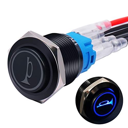Twidec/16MM Raised Speaker Horn Momentary Push Button Switch 5/8" Mounting Hole 12V Blue Led Light Black Stainless Steel Shell 1NO 1NC SPDT with Pre-wiring Wires Switch For Car Modification BKG16LB-BU - Image 1