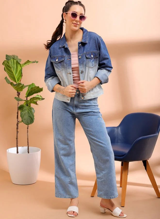 Freehand Women Casual Slim Fit Long Sleeve Ombre Denim Jacket