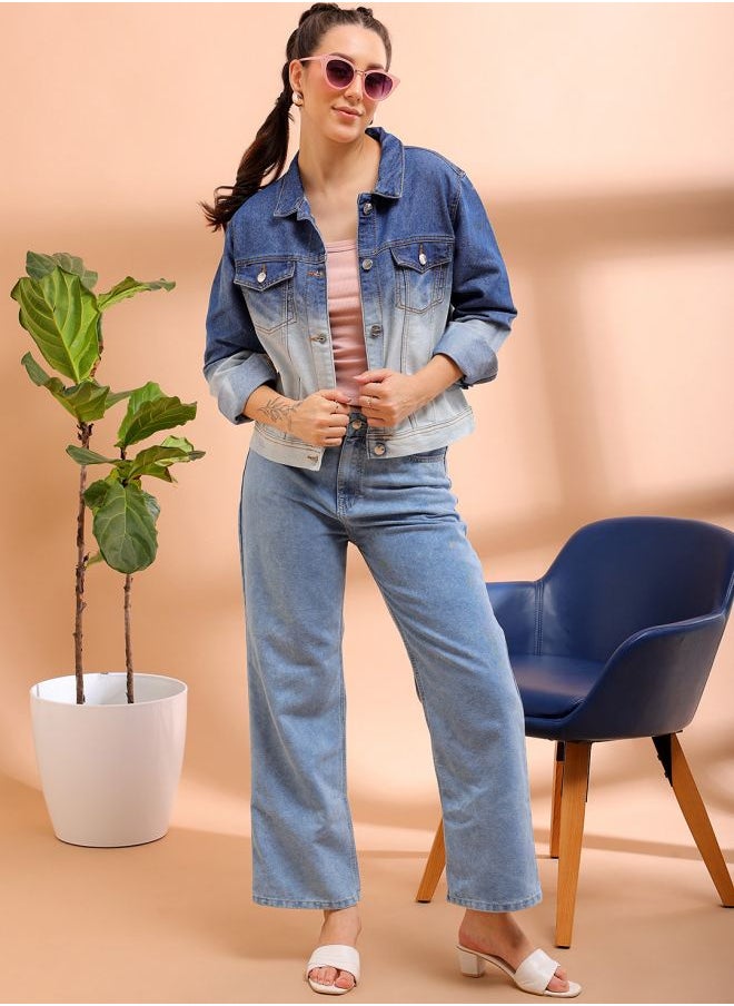Freehand Women Casual Slim Fit Long Sleeve Ombre Denim Jacket 