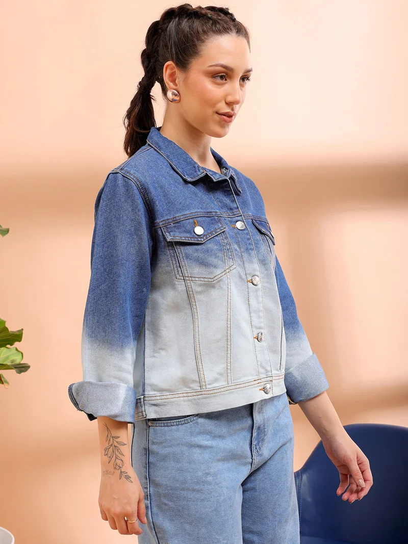 Freehand Women Casual Slim Fit Long Sleeve Ombre Denim Jacket