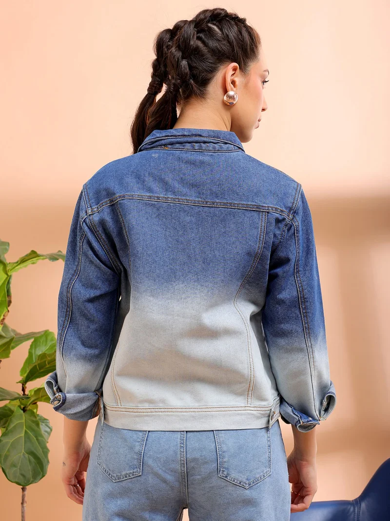 Freehand Women Casual Slim Fit Long Sleeve Ombre Denim Jacket