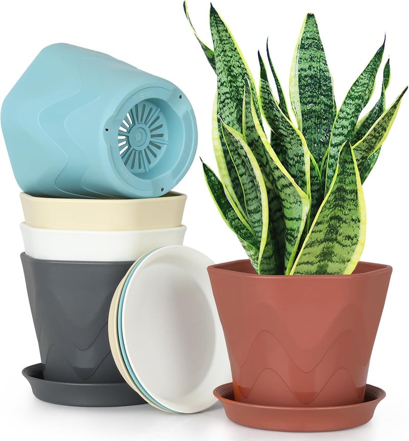 Eightiz 5.7Inch Plastic Flower Pots for Indoor Outdoor Planters with Drainage Tray Hexagon Design,Breathable Bottom,Lightweight for Balcony,Garden,Home & Office Décor(Pack of 5,Multi Colour) - Image 1