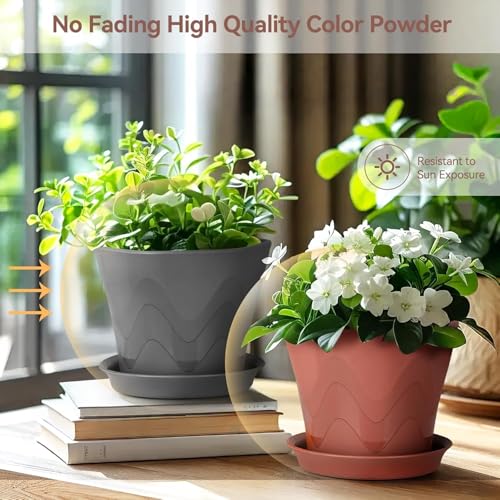 Eightiz 5.7Inch Plastic Flower Pots for Indoor Outdoor Planters with Drainage Tray Hexagon Design,Breathable Bottom,Lightweight for Balcony,Garden,Home & Office Décor(Pack of 5,Multi Colour) - Image 5