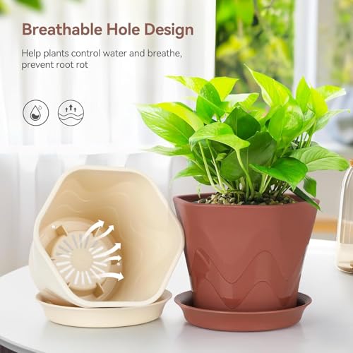 Eightiz 5.7Inch Plastic Flower Pots for Indoor Outdoor Planters with Drainage Tray Hexagon Design,Breathable Bottom,Lightweight for Balcony,Garden,Home & Office Décor(Pack of 5,Multi Colour) - Image 2
