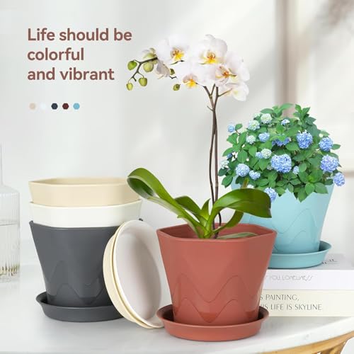 Eightiz 5.7Inch Plastic Flower Pots for Indoor Outdoor Planters with Drainage Tray Hexagon Design,Breathable Bottom,Lightweight for Balcony,Garden,Home & Office Décor(Pack of 5,Multi Colour) - Image 3