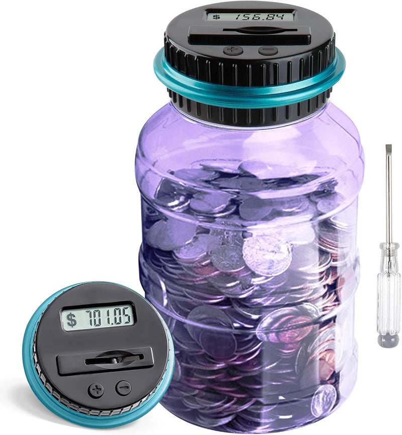 Vcertcpl Large Piggy Bank for Adults Kids, Digital Coin Counting Bank with 1.8L Capacity, Great Coin Bank Money Jar for Adults Kids with Saving Goals, Bank for All US Coins (Purple B) - Image 1