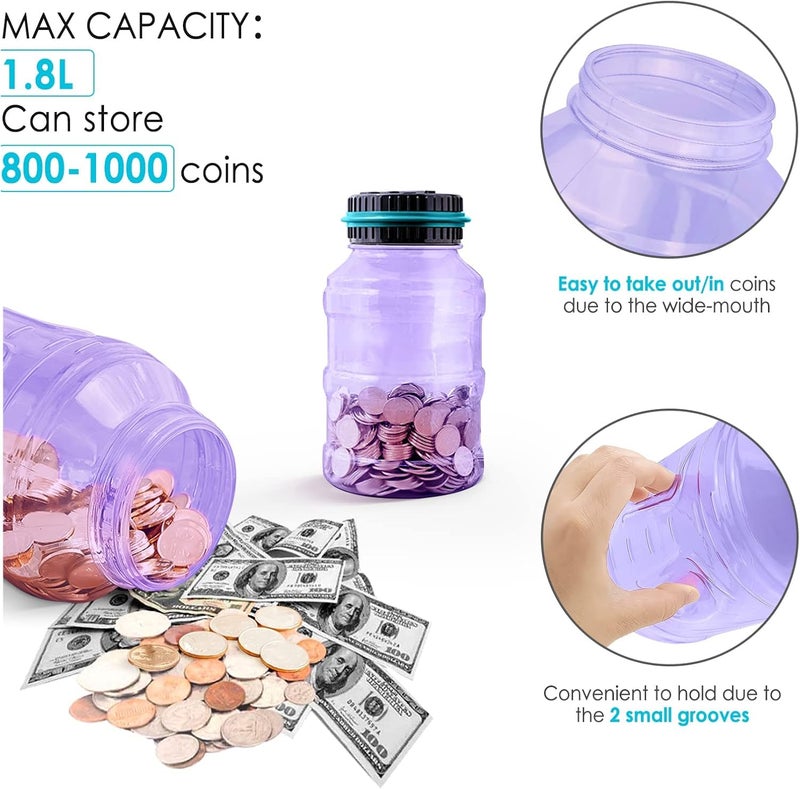 Vcertcpl Large Piggy Bank for Adults Kids, Digital Coin Counting Bank with 1.8L Capacity, Great Coin Bank Money Jar for Adults Kids with Saving Goals, Bank for All US Coins (Purple B) - Image 4