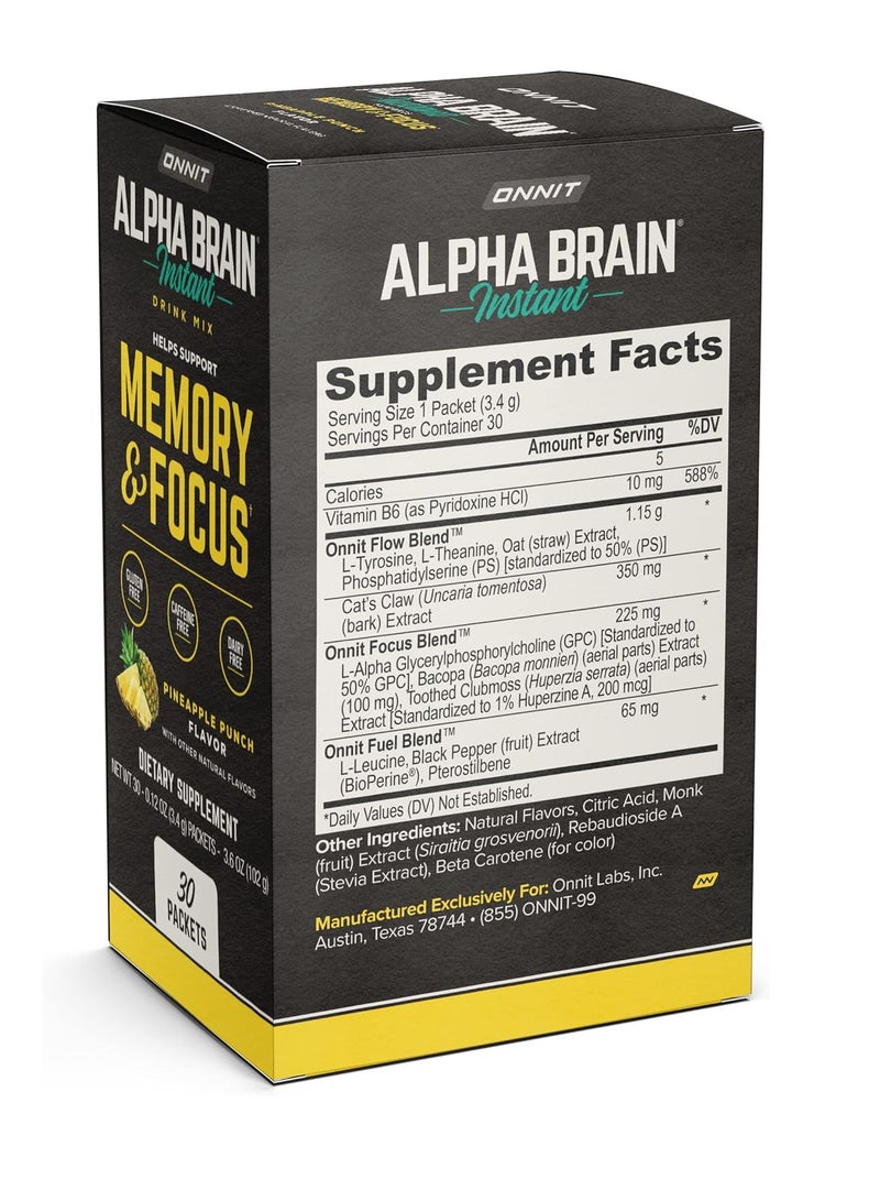 Onnit Alpha Brain Instant - Pineapple Punch Flavor - Nootropic Brain Booster Memory Supplement - Brain Support for Focus, Energy & Clarity - Alpha GPC Choline, Cats Claw, L-Theanine, Bacopa - 30ct - Image 2