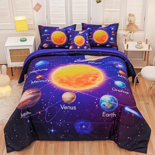 Tasselily Twin Size Comforter Sets for Boys, Space Bedding Set Twin Bed in a Bag, 6 Pcs Universe Planet Galaxy Comforter Set with Sheets - Image 1