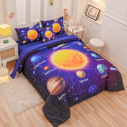 Tasselily Twin Size Comforter Sets for Boys, Space Bedding Set Twin Bed in a Bag, 6 Pcs Universe Planet Galaxy Comforter Set with Sheets - Image 3