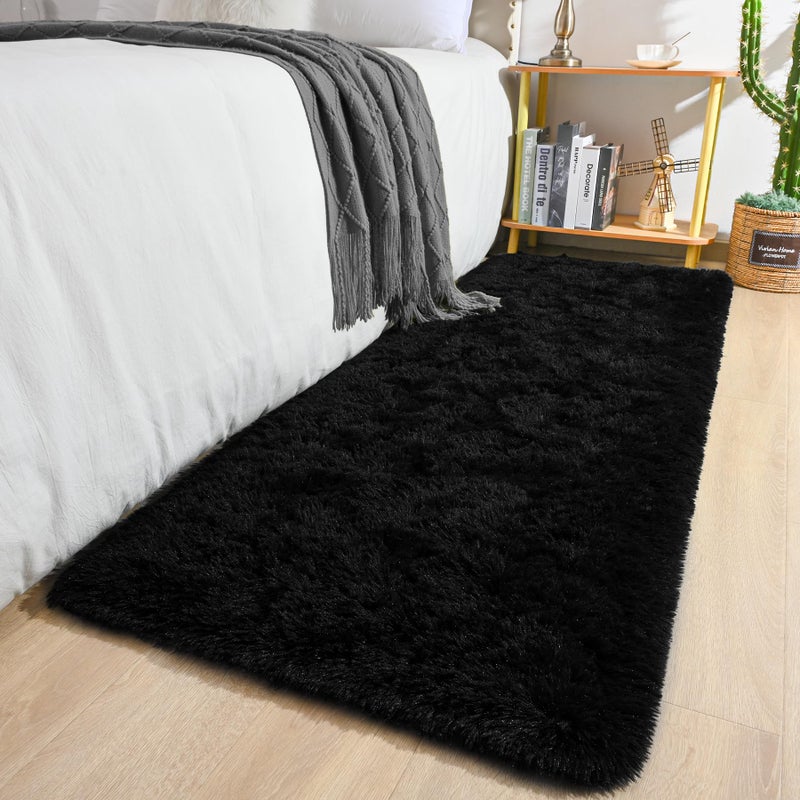 Keeko Small Bedroom Runner Rug 2x6 Black Fluffy Bedside Kids Room Rugs Living Room Shag Throw Rug for Nursery Entryway Fuzzy Indoor Area Carpet Cute Rugs for Boy Baby Girl Room Dorm Decor