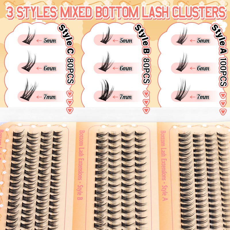 calphdiar Bottom Lashes Clusters DIY Eyelash Extension 3 Styles Lower Eyelash Clusters Bottom Individual Lashes 5-7mm Thin Band Natural Bottom Lash Clusters 260pcs DIY Entire Lash Extensions by calphdiar - Image 2